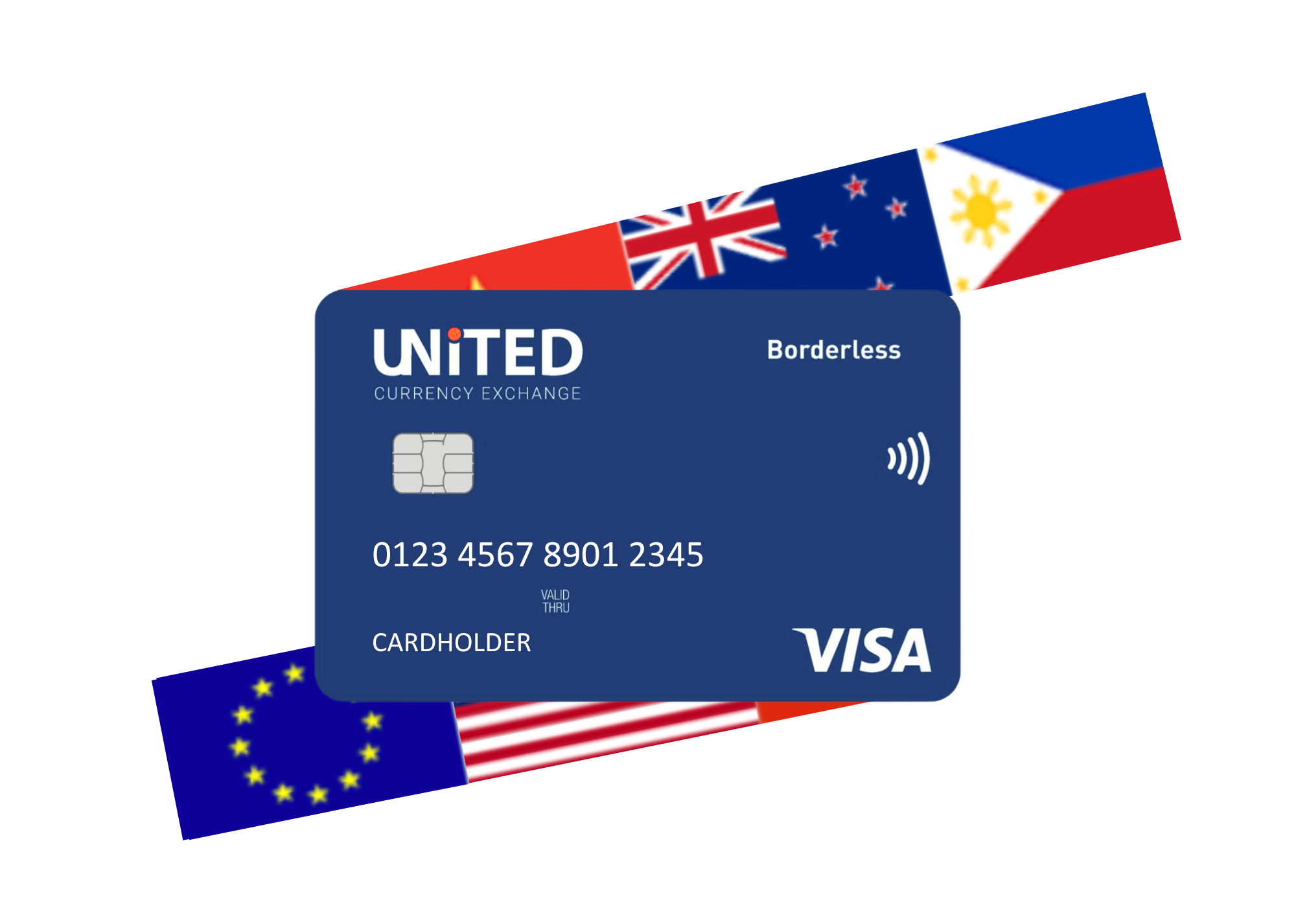 UCE Borderless Prepaid Card surrounded by international flags
